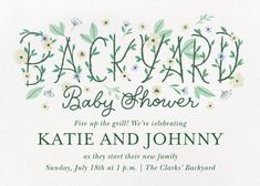 the back yard baby shower is shown in green and white with flowers on it's border