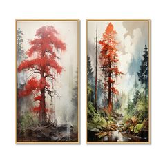 two paintings depicting red trees in the woods