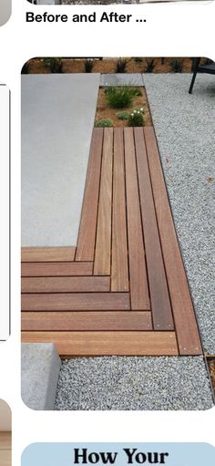 the before and after pictures of an outdoor decking area with wood slats on it