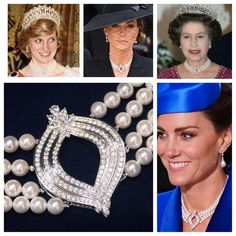 four pictures of princess elizabeth, the queen of england and her diamond tiara are shown