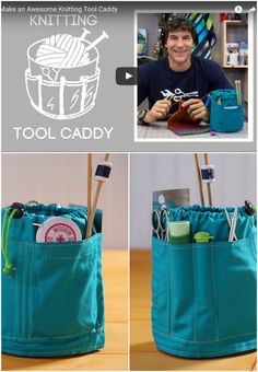 a collage of photos showing how to make an awesome knitting tool caddy