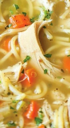 a bowl of chicken noodle soup with carrots and parsley