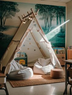 a child's bedroom with a teepee tent