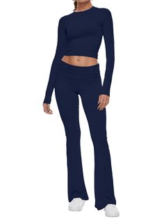 Yoga Slim Fit Two Piece Outfits Long Sleeve Cropped Top Fold-over Flare Pants Set - AnotherChill Low Rise Flare Pants, Grunge Summer Outfits, Flare Pants Set, Grunge Summer, Long Sleeve Cropped Top, Y2k Long Sleeve, Wardrobe Clothes, 2000s Outfits, Skirts Jeans