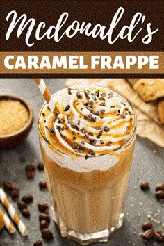 this caramel frappe is made with whipped cream and chocolate chips