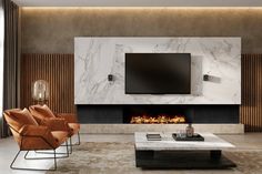 a modern living room with marble walls and fireplace