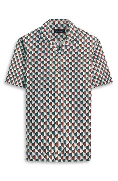 A geometric print adds eye-catching style to this button-up shirt cut from drapey fabric that feels great next to your skin. 30 1/2" length; 44" chest (size Medium) Front button closure Convertible collar Short sleeves 100% lyocell Machine wash, dry flat Imported Patterned Geometric Tops With Spread Collar, Patterned Top With Geometric Pattern And Spread Collar, Casual Geometric Tops For Spring, Summer Geometric Pattern Button-up Tops, Casual Shirt With Geometric Pattern And Spread Collar, White Collared Shirt With Geometric Pattern, Summer Collared Top With Geometric Pattern, Fitted Shirt With Geometric Pattern For Summer, White Geometric Pattern Blouse For Summer