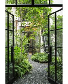 an open door leading into a lush green garden