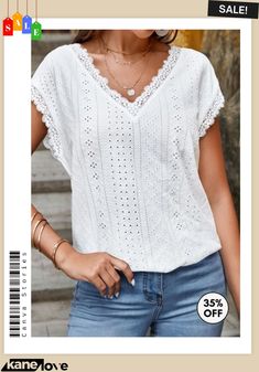 White Lace Short Sleeve V Neck T Shirt Casual White V-neck Short Sleeve Top, White V-neck Short Sleeve Top For Summer, White V-neck Casual Top, White Relaxed Fit V-neck Short Sleeve Top, Casual White V-neck Top, White V-neck Summer Top, White Lace Shorts, Lace Short, Plus Size Shorts