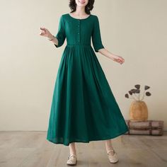 "Enhance your summer wardrobe with this chic and elegant emerald dress featuring delicate pleats for a touch of sophistication. Ideal for staying cool and stylish during the warmer months.  ★★FEATURES 100% Linen Two side pockets Right hidden zipper Pleated waist details Front button closure Half sleeve dress Maxi linen dress Casual linen dress Long linen dress Plus size dress Simple dress Perfect for Summer, Spring Other color linen dress, maybe you will like them. https://etsy.me/492ETDy ★★Mode size Height 170cm (5′ 7″) Bust 84 cm (33\") Waist 66 cm (26\") She wears size XS ★★ Bespoke Order Service If you Request other color Request the length Your height is not between 155 cm- 172 cm Your weight is over 75 kg I can do it for you, It will need some extra fee depending on on your need. Con Maxi Dress Outfit Casual, Green Linen Dress, Dress Half Sleeve, Emerald Dress, Half Sleeve Dress, Natural Linen Dress, Linen Dress Women, Maxi Dress Outfit, Long Linen Dress