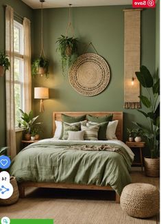 a bed room with a neatly made bed and green walls