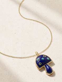 Brent Neale's 'Down the Rabbit Hole' collection is born out of the designer's fascination with  Alice in Wonderland  - the pendant on this 'Mini Mushroom' necklace is inspired by the psychedelic ones she eats in the film. Handmade from 18-karat gold, it's strung on a delicate 16-inch chain and inlaid with lapis lazuli and tiny turquoise and emeralds. Unique Yellow Gold Necklace With Cabochon, Designer Cabochon Jewelry As A Gift, Designer Cabochon Jewelry As Gift, Designer Cabochon Jewelry For Gifts, Designer Cabochon Jewelry Gift, Designer Yellow Gold Cabochon Jewelry, Exquisite Yellow Gold Jewelry With Large Pendant, Designer Gold Jewelry With Cabochon, Luxury Cabochon Round Pendant Necklaces