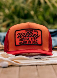 the "denim etc" trucker in orange Imogene Willie, Invert Colors, Mens Trucker Hat, Masculine Design, Dad Fashion, Patch Hat, Denim T Shirt, Tailor Shop, Denim Accessories