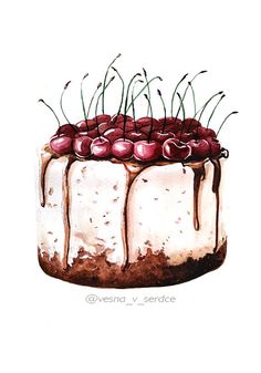 a drawing of a cake with cherries on top and drizzled in chocolate