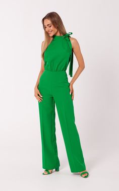 **please note** that delivery takes up to 10 days. This flattering jumpsuit features a halter neckline with a tie detail finishing. Woven fabric   one-piece jumpsuit with halter neck and a tie detail  gathered waistline  wide legs with side pockets  hidden back zip  - green colour. Summer, Winter, Staycation, Christmas Day, Evergreen, Garden Party, Pockets, Party, Xmas Party, Wedding Guest, Going Out, Basic, Sleeveless, High Neck, Wide Leg, Halterneck Elegant Pants Suits, Colored Pants, Cropped Blazer, Sleeveless Jumpsuits, Trouser Suits, Halter Neckline, Jumpsuit Romper, Hoodie Shirt, Evening Dresses