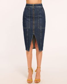 Marietta High-Waisted Denim Skirt in dark wash | Ramy Brook High Waist Fitted Denim Skirt, Chic Fitted Medium Wash Denim Skirt, Fitted High Waist Dark Wash Denim Skirt, Fitted High Waist Denim Skirt, Fitted High-waist Denim Skirt, Fitted Denim Skirt In Dark Wash, Fitted Dark Wash Denim Skirt, Chic Fitted Medium Wash Skirt, High Rise Fitted Denim Blue Skirt