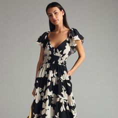 Tiered Flutter-Sleeve Dress Multicolor Floral Print Dress With Flutter Sleeves, Summer Floral Embroidered Flutter Sleeve Dress, Luxury Floral Print Dress With Flutter Sleeves, Chic V-neck Dress With Ruffle Hem And Flutter Sleeves, Anthropologie Dress Black, Outfit Planning, France Outfits, Black Floral Dress, Outfit Plan