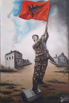 a painting of a soldier holding an orange flag