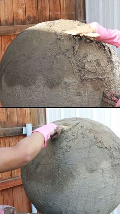 two pictures of a large rock being worked on by someone in pink gloves and rubber gloves