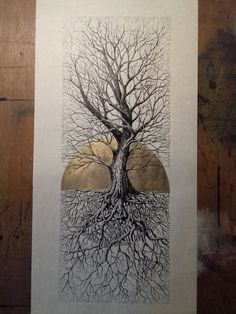 a drawing of a tree with the sun in the background and some roots on it