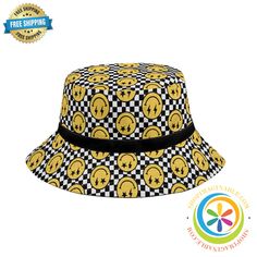 Show off your bright, playful spirit with the Happy Face Bucket Hat! This lightweight hat features a black and yellow checkered pattern covered in cheerful happy faces. Make a bold statement and spread joy wherever you go in this bright and quirky hat. Great for both men and women, it adds a fun pop of color and personality to any outfit. With its happy face print and vibrant colors, this hat is sure to put a smile on your face. Gift one to a friend to help them embrace the whimsical and delightfully playful. Ditch the dull and boring - the Happy Face Bucket Hat will liven up your look! We create Funky Hats for EVERYONE which look amazing all the time...Wear them out for any occasion, any condition - new or old and of course, at any time of the year! Live life in full color with our Bucket Fun Black Bucket Hat For Spring, Black Fun Bucket Hat For Summer, Fun Black Bucket Hat For Summer, Fun Black Summer Bucket Hat, Trendy Yellow Hat For Streetwear, Trendy Yellow Streetwear Hat, Trendy Adjustable Yellow Hat, Playful Summer Streetwear Hats, Black Adjustable Funky Hats