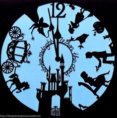 a clock with silhouettes of people and animals on it in front of a blue background