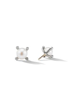 Four round-cut diamonds held in place with sleek sterling-silver bezels frame the lustrous freshwater pearls at the center of these stunning stud earrings. 1/4"W x 1/4"L Post back Pearl size: 6mm Total diamond weight: 0.03ct. Sterling silver/cultured freshwater pearl/diamond Imported >Diamond Guide David Yurman Pearl Earrings, Must Have Wardrobe Essentials, Minimalist Wardrobe Essentials, David Yurman Earrings, Small Pearl Earrings, Capsule Wardrobe Women, Casual Work Outfits Women, Classic Style Outfits, Over 60 Fashion