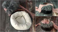 a collage of photos with a baby sleeping in a hat and fur on the floor