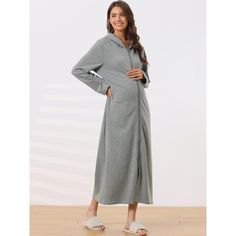 Womens Hoodie Zip Up Closure Pajama Nightshirt Long Sleeve Robe Loungewear with Pocket. This Hoodie Zip Up Nightshirt is the perfect choice for daily wear, or lounging wear at home. Versatile long dress for all occasions! With a loose casual maxi length, zip-up closure, soft fabric, and perfect hoodie design, this robe is everything you need for fully luxurious lounging wear. With a fully zip-up closure, practical pocket, and hoodie design, this nightshirt robe is everything you need for loungin Hooded Sleepwear For Fall, Casual Hooded Sleepwear For Overnight, Hooded Sleepwear For Bedtime In Fall, Winter Solid Color Sleepwear For Bedtime, Casual Long Sleeve Nightgown For Lounging, Hooded Fall Season Sleepwear, Hooded Sleepwear For Lounging In Fall, Solid Winter Sleepwear For Bedtime, Hooded Sleepwear For Fall Lounging