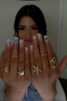 Nail Salon Design Nails, Nail Inspo For Mexico, Jhene Aiko Concert Nails, Dreamy Nail Designs, Nails Inspiration With Charms, Medium Set Nails, Medium Y2k Nails, Baddie Nails With Charms, Nail Ideas Swirl