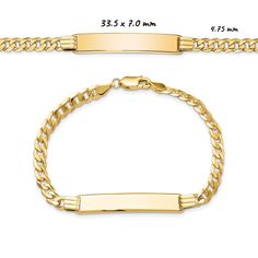 "These beautiful bracelets are available in Solid 14K Yellow Gold! Bracelets made with Curb Links are perfect for charms, and these are the best quality at the lowest prices! We have multiple lengths and thicknesses to meet any preference! These chains are authentic 14K Yellow Gold, with no filler! We would be happy to assist in finding you additional lengths or widths, send us a message today! Total Approximate Weights, Plate Dimensions, and Max Engravable Characters (per side): 2.5 mm Chain Wi Classic Yellow Gold Bangle Charm Bracelet, Personalized Rectangular 14k Gold Bracelets, Classic Engraved Charm Bracelet For Formal Occasions, Classic Name Bracelet With Curb Chain As A Gift, Elegant Nameplate Bracelets With Polished Finish, Personalized White Gold Classic Bracelets, Classic Personalized White Gold Bracelets, Classic Personalized Rectangular Bracelets, Personalized White Gold Classic Bracelet