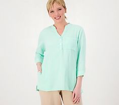 Lightweight and lovely, this marshmallow gauze shirt provides an easy-breezy option for any outing. From the Joan Rivers Classics Collection®. Black Tie Neck Blouse, Relaxed Fit Soft-washed Ring-spun Cotton T-shirt, River Shirts, Gauze Shirt, Shibori Print, High Low Blouse, Grey Blouse, Pleated Sleeves, Chiffon Fashion