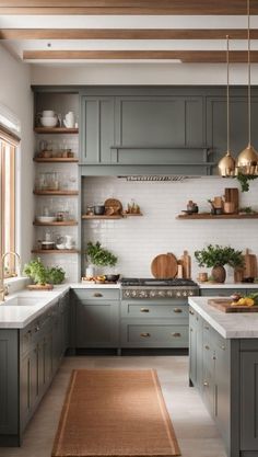 a kitchen with gray cabinets and white counter tops