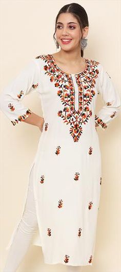 White and Off White color Kurti in Rayon fabric with Embroidered, Resham, Thread work White Embroidered Fabric With Motifs For Festivals, White Fabric With Resham Embroidery For Spring, White Embroidered Fabric With Resham For Spring, Traditional White Embroidered Fabric For Spring, White Embroidered Fabric For Summer Festivals, Fitted White Embroidered Fabric For Festivals, White Embroidery Kurti, White Embroidered Fabric With Resham Embroidery For Spring, White Long Sleeve Kurta With Resham Embroidery