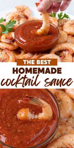 Two images of homemade cocktail sauce with shrimp. Easy Sauce For Shrimp, Shrimp Cocktail Recipe Sauces, How To Make Seafood Sauce, Diy Shrimp Sauce, How To Make Cocktail Sauce, Homemade Shrimp Cocktail Sauce, Homemade Seafood Sauce