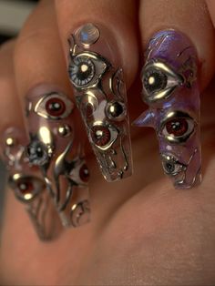 Centipede Nail Art, Centipede Nails, Whimsy Goth Nails, Creepy Nail Designs, Nails With Eyes, Alt Nails Acrylics, Weird Nail Ideas, Pierced Nails, Eyeball Nails