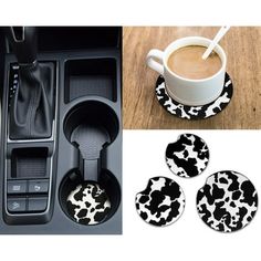 three coasters with black and white designs next to a coffee cup on a saucer