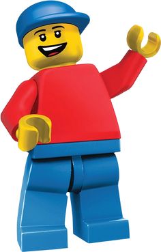 the lego man is wearing a red shirt and blue pants with his hands in the air