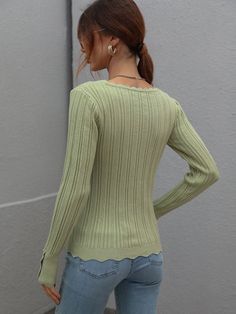 Our Shell Knit Top comes in a sage green colour. A gorgeous knit piece with a strong point of view, this top is expressing style in the most fabulous way. It features a scallop shaped neckline and cuff, long sleeves and tight fit on the body great for pairing with a jean finished with our leather boots! Size Guide: Tina is 5’2” tall, and has a 33.2” bust, 24.5”waist, & 36.7” hips. She is wearing a S / US 4 / AU 8. This knit cardi is true to size. Feature: Slightly cropped long sleeves. Pull on s Green Stretch Long Sleeve Knit Top, Green Textured Knit Long Sleeve Top, Fitted Green Textured Knit Sweater, Chic Textured Green Knit Sweater, Chic Green Textured Knit Sweater, Fitted Green Fine Knit Sweater, Chic Green Crew Neck Sweater, Green Crew Neck Chic Knit Top, Chic Green Crew Neck Knit Top