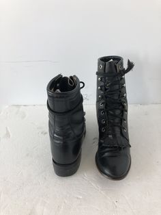 "sz 4 b length: 10\" width: 3.5\" height: 7\" insole: 9'' flat black leather justin boots lace up granny combat boho hippie man made sole made in the USA sustainable fashion good condition" Vintage Boots With Laces For Fall, Western Style Black Combat Boots With Round Toe, Vintage Fitted Moto Boots With Round Toe, Vintage Black Moto Boots For Fall, Vintage Fall Boots With Laces, Black Western Combat Boots With Round Toe, Vintage Lace-up Boots For Fall, Vintage Black Combat Boots For Winter, Vintage Black Lace-up Boots For Fall