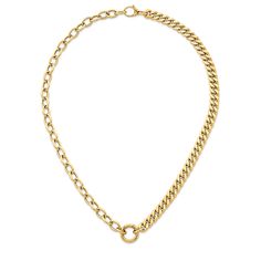 Introducing our exquisite Cuban Link Necklace—a luxurious blend of classic design and modern sophistication. This 14K Gold Necklace with a Charm Clip features a unique combination of Half Cuban and Half Cable Chain, creating a statement piece that exudes opulence. Meticulously crafted in Italy, this Chunky Gold Necklace is a versatile and stylish addition to your collection.Charm Clip Feature:The addition of a charm clip enhances the necklace's versatility. Easily add or remove your favorite cha Luxury Yellow Gold Necklace With Curb Chain, Formal Gold Chain Necklace With Round Pendant, Elegant Oval Link Curb Chain Necklaces, Luxury Yellow Gold Curb Chain Necklace, Elegant Cuban Link Chain Necklace As Gift, Elegant Cuban Link Chain Necklace Gift, Elegant Cuban Link Chain Necklace, Luxury Jewelry With Cuban Link Cable Chain, Elegant 14k Gold Curb Chain Necklace