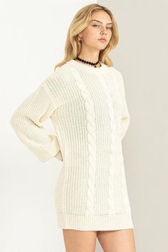 Indulge in style and comfort with the Cable-Knit Ribbed Mini Sweater Dress. This dress is designed to captivate, boasting a mix of knits that effortlessly exude chic vibes. With a crew neck, drop shoulders, and long sleeves, it offers a blend of fashion and coziness. The body-hugging fit accentuates your curves in an alluring manner, making it a must-have piece for your wardrobe. Material: 100% Acrylic Stretch fabric Non-sheer fabric Care Instructions: Machine wash cold-Gentle cycle-Tumble dry l Body Hugging Dress, Dresses Date Night, Mini Sweater, Chic Vibes, Ribbed Sweater Dress, Cardigan Sweater Coat, Mini Sweater Dress, Date Night Dresses, Knit Sweater Dress