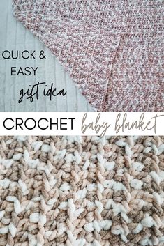 the crochet baby blanket is shown with text overlaying it that says quick and easy gift idea