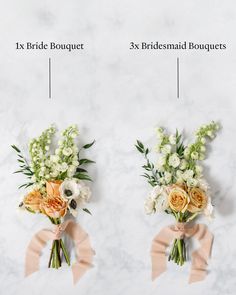 two bridal bouquets with different types of flowers on them, labeled in the following words