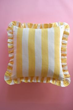 Pre Order: Augusta Yellow Striped Ruffle Pillow Katel Home Block Print Designs, Whimsical Bedroom, Striped Chair, Ruffle Pillow, Striped Cushions, Striped Pillow, Stripe Pillow, Yellow Stripes, Outdoor Pillows