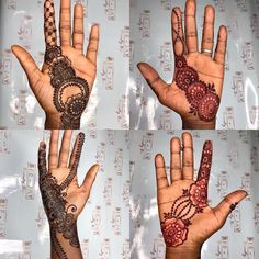 three pictures of hands with henna designs on them