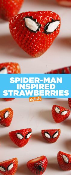 a close up of strawberries with faces painted on them and the words spider - man inspired strawberries below