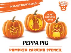 three pumpkin carving stencils with the words peppa pig in front of them