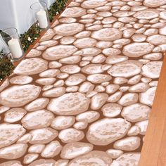 a long table covered in lots of rocks