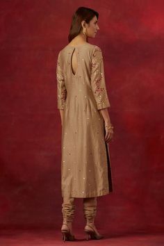 Beige chanderi silk woven kurta with contrasting floral placed sequin embroidery. Comes with churidar and tissue dupatta. - Aza Fashions Tissue Dupatta, Kurta Patterns, Kurta Pant Set, Kurta Set For Women, Embroidered Pants, Sequin Embroidery, Kurta With Pants, Sequins Embroidery, U Neck